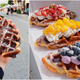 Left: Hand holding up a Croffle; Right: Three croffles topped with cream and fruit